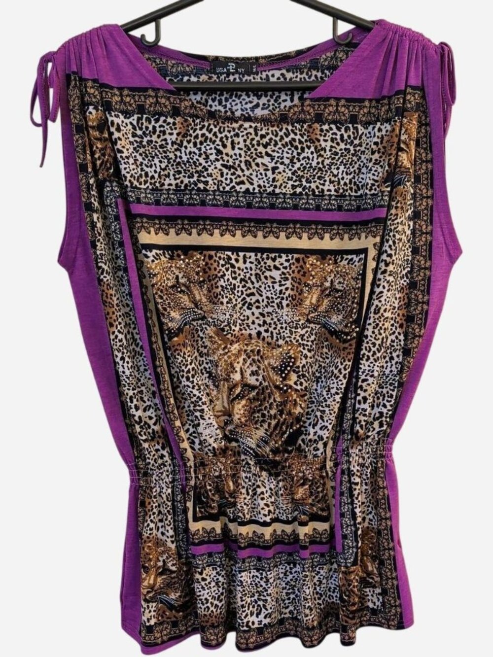 USA PL NY Purple Animal Print Rhinestone Sleeveless Blouse Size M/L